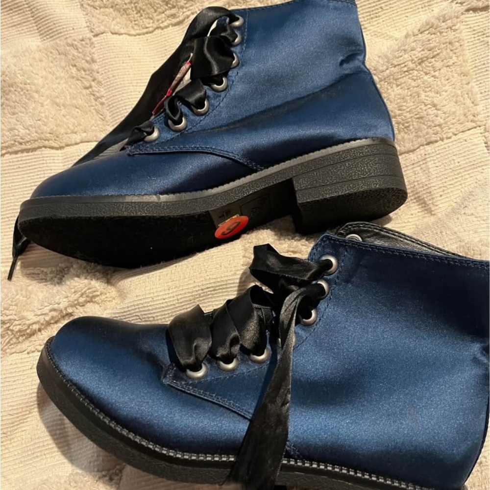 Blue Satin Boots with Black Ribbon Laces NWT